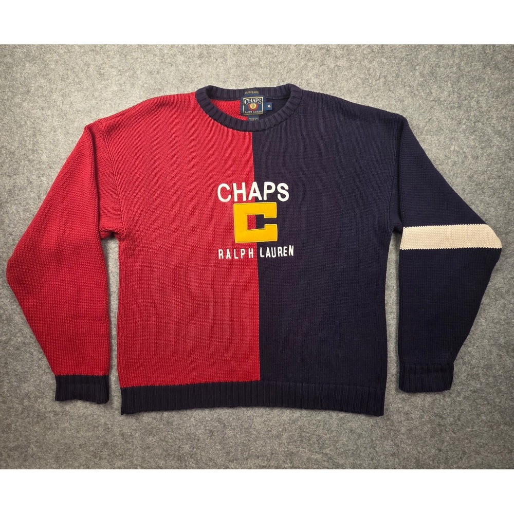 Vintage 90s Chaps Ralph Lauren Colorblock Knit Sweater XL Big Logo Red Navy